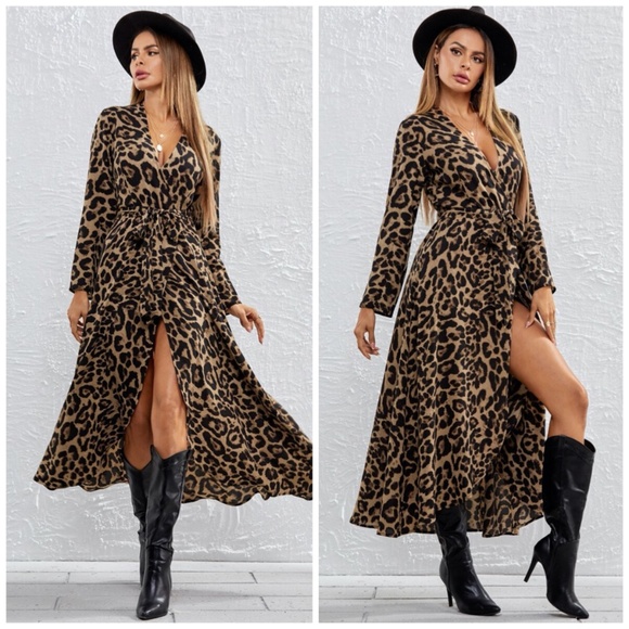 Leopard print wrap maxi long sleeve maxi dress - Picture 2 of 7
